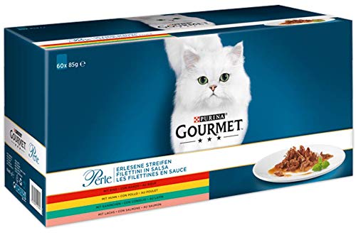 Purina GOURMET Perle Erlesene Streifen: Katzennassfutter mit Huhn, Rind, Lachs & Kaninchen, hochwertiges Katzenfutter, 60er Multipack (60 x 85 g Portionsbeutel)