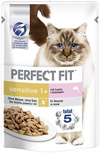 Perfect Fit Sensitive 1+ – Nassfutter für erwachsene, sensible Katzen ab 1 Jahr – Lachs in Sauce – Ohne Weizen & Soja – Unterstützt die Verdauung – 12 x 85 g