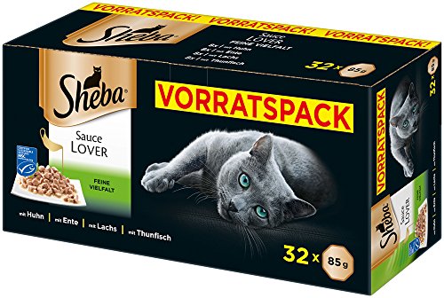 Sheba Sauce Lover – Feine Häppchen in Sauce für ausgewachsene Katzen – Alleinfuttermittel in der – 32 Schalen (32 x 85g)